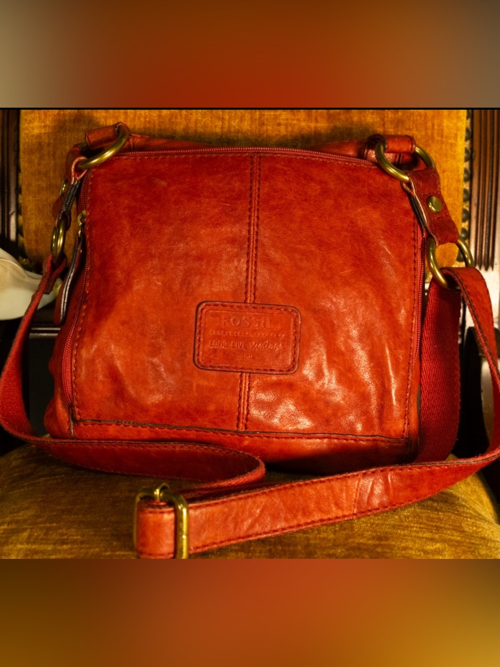 Tomato Red Vintage Fossil Long Live Crossbody Bag
